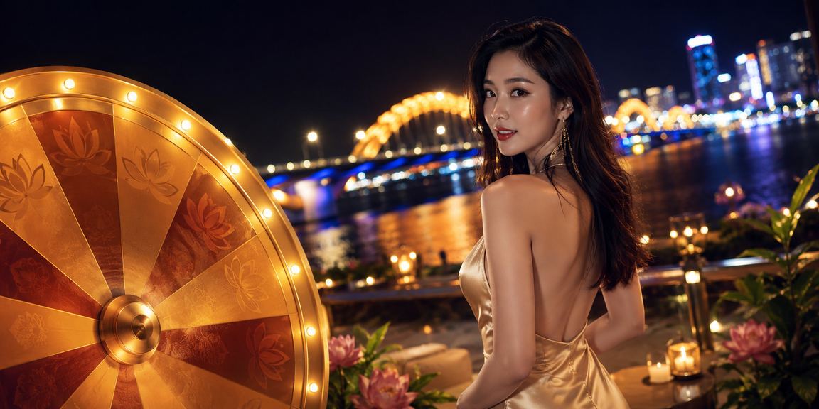 Người chơi tại bãi biển Đà Nẵng tham gia vòng quay may mắn trên điện thoại với sóng biển phía sau