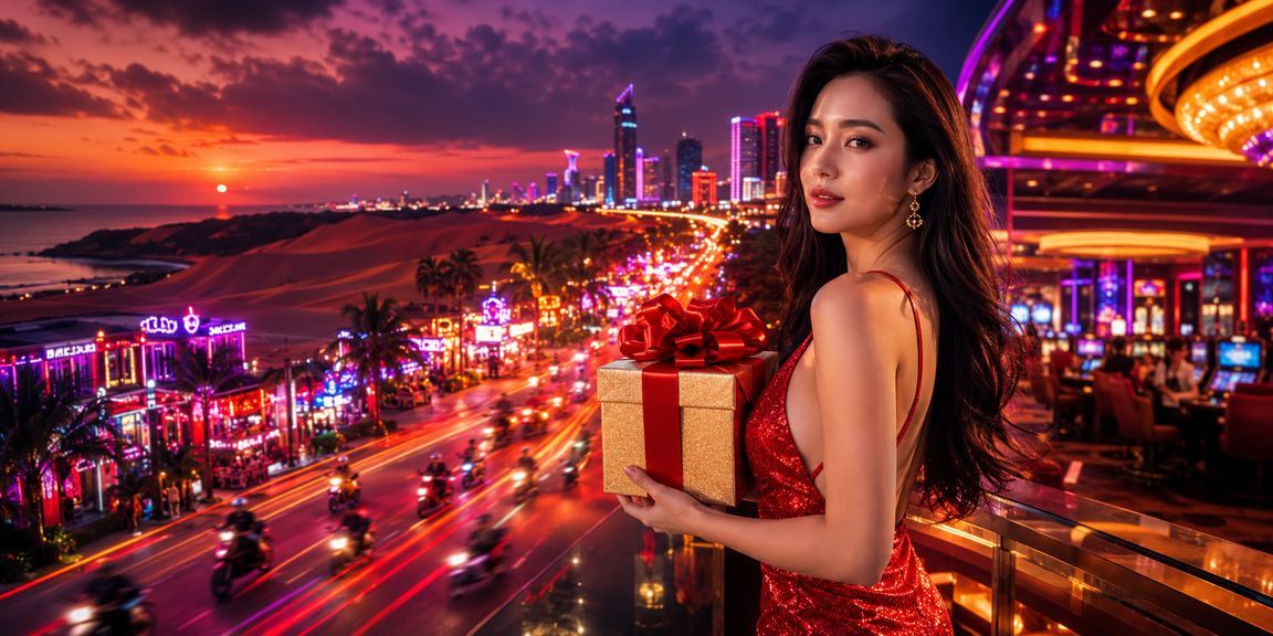 Ánh đèn neon rực rỡ tại Mũi Né về đêm — không khí giải trí sôi động cho người yêu thích cá cược