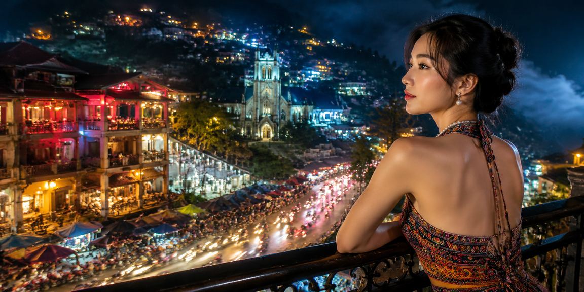 Ánh đèn neon lung linh tại Sapa về đêm trong không khí giải trí trực tuyến
